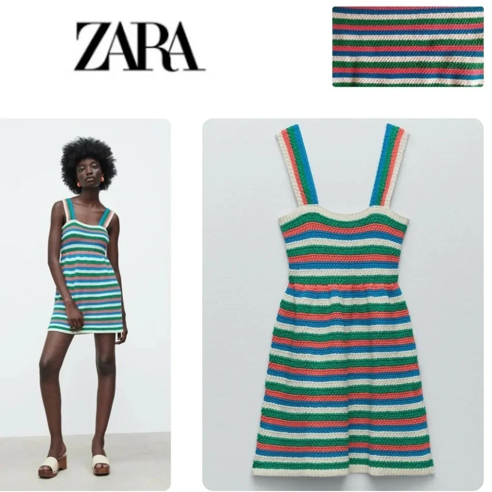 Zara women’s Medium Sweater knit tank mini dress striped summer cotton blend M